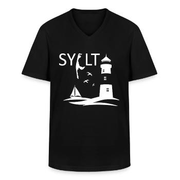 Ein Leuchtturm mit Möwen und Insel Karte von Sylt - Männer-T-Shirt mit V-Ausschnitt - Schwarz - Vorne - AI Model Male 178 dark (178cm)