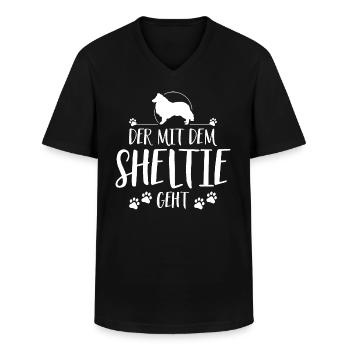 DER MIT SHELTIE GEHT Hunde Spruch Wilsigns - Männer-T-Shirt mit V-Ausschnitt - Schwarz - Vorne - AI Model Male 178 dark (178cm)