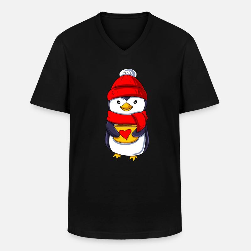 Süßer Pinguin mit Teetasse - Männer-T-Shirt mit V-Ausschnitt - Schwarz