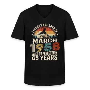 March 1958 - 65 years old - 65th birthday - Men's V-Neck T-Shirt - black - Front - AI Model Male 178 dark (178cm)