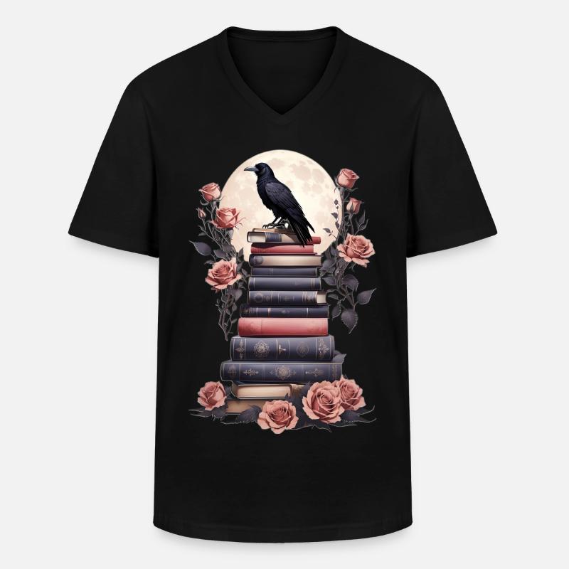 Bücherstapel mit Rabe - Männer-T-Shirt mit V-Ausschnitt - Schwarz