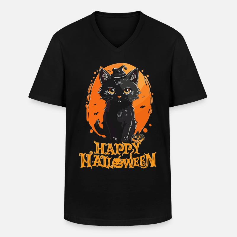 Happy Halloween - Schwarze Katze - Männer-T-Shirt mit V-Ausschnitt - Schwarz