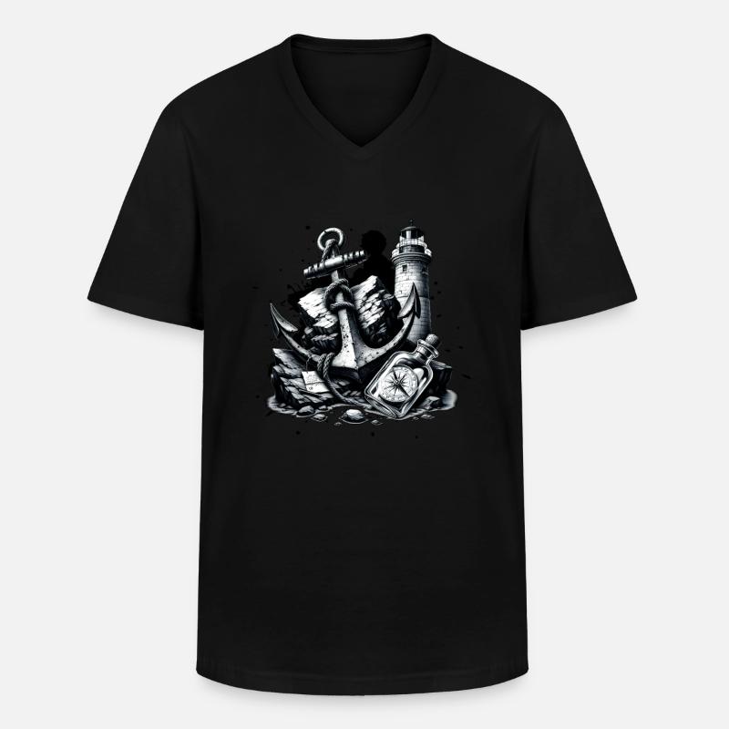 Anker Leuchtturm Kompass Flaschenpost - Männer-T-Shirt mit V-Ausschnitt - Schwarz