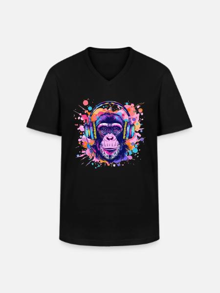 Mono con Auriculares Decoración Mujer Regalo Hombre - Camiseta con cuello de pico hombre - negro