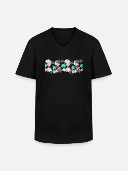 Rayures fleuries - T-shirt col V Homme - noir