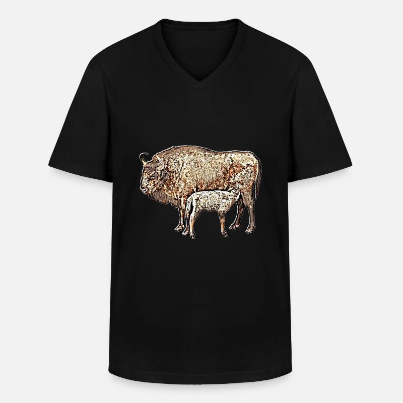 Bison mit Kalb - Männer-T-Shirt mit V-Ausschnitt - Schwarz