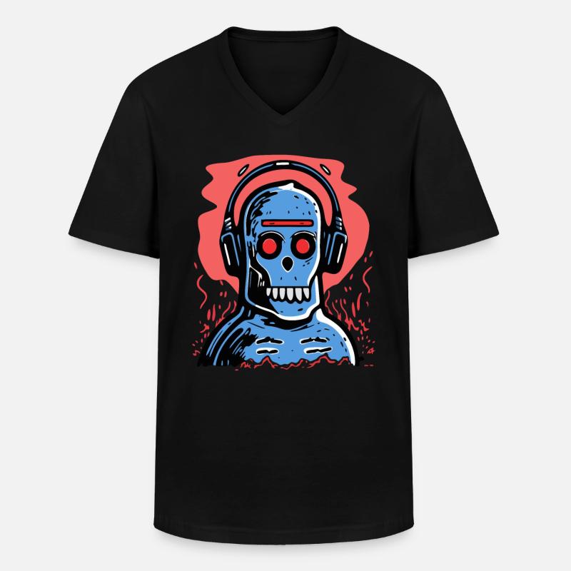 Zombie Affe mit blauen Kopfhörern - Männer-T-Shirt mit V-Ausschnitt - Schwarz