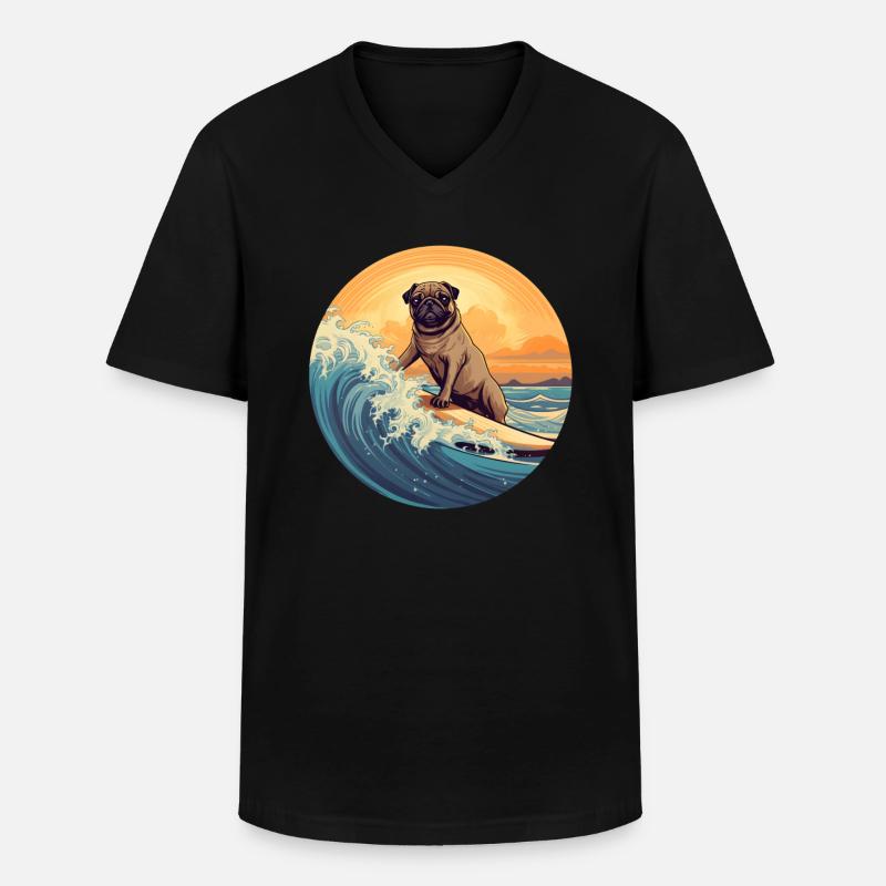 Mops Surfer - Männer-T-Shirt mit V-Ausschnitt - Schwarz