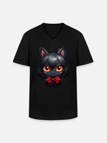 Chat noir Kawaii - T-shirt col V Homme - noir