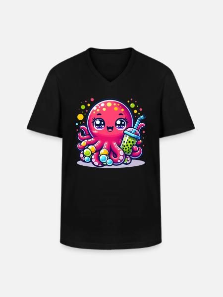 Kawaii Octopus With Bubble Tea Sea Ocean Boba Tea - Men's V-Neck T-Shirt - black