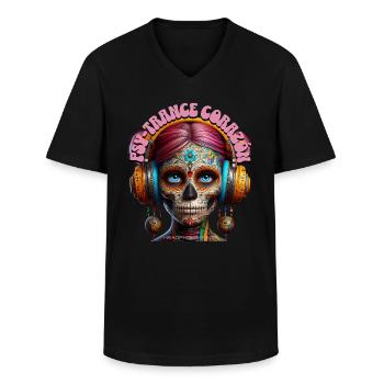 PSY-TRANCE CORAZÓN - Cool Woman with Headphones! - Men's V-Neck T-Shirt - black - Front - AI Model Male 178 dark (178cm)