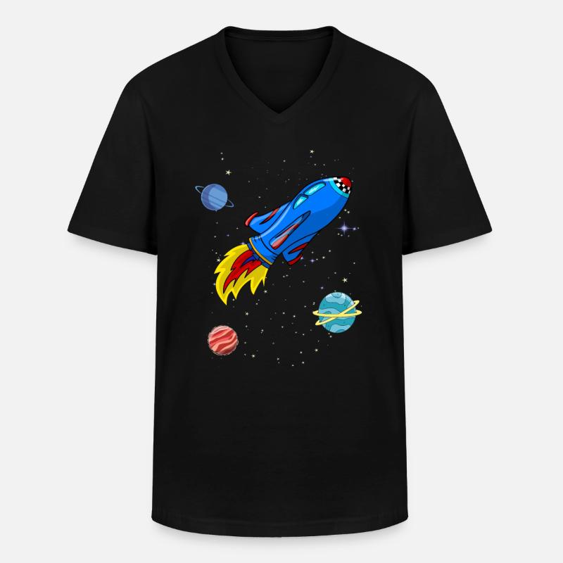 Fusée, Espace, Planètes, Étoiles - T-shirt col V Homme - noir
