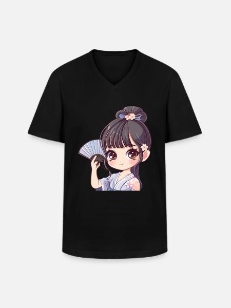 Anime Mädchen mit Fächer - Männer-T-Shirt mit V-Ausschnitt - Schwarz