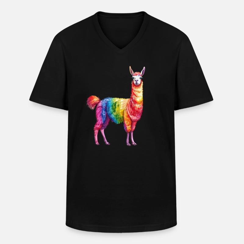 Buntes Regenbogen Lama - Männer-T-Shirt mit V-Ausschnitt - Schwarz