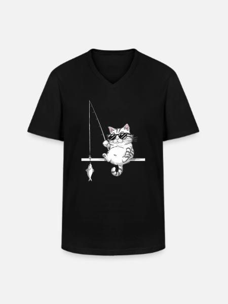 Cat with sunglasses fishing - Men's V-Neck T-Shirt - black