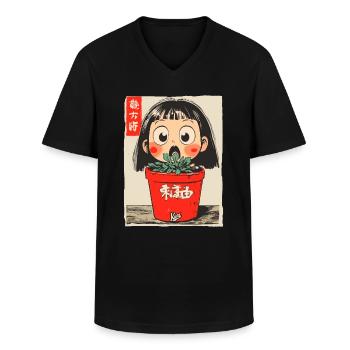 Cartoon girl behind a flower pot - Men's V-Neck T-Shirt - black - Front - AI Model Male 178 dark (178cm)