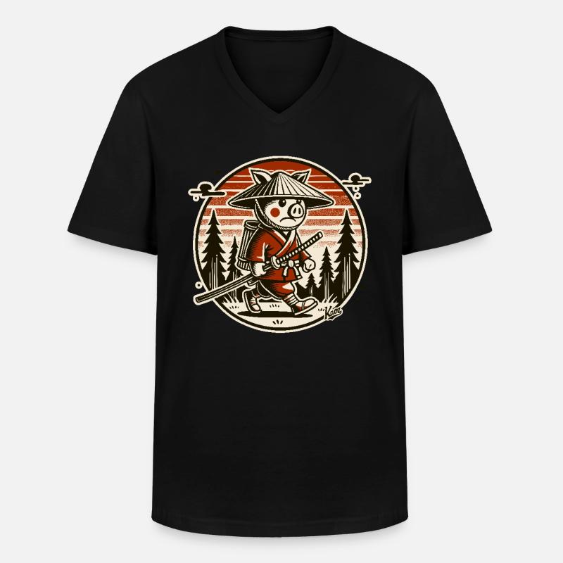 Samurai-Schwein Ronin auf Wanderschaft - Männer-T-Shirt mit V-Ausschnitt - Schwarz
