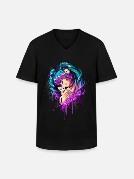 Killing og Pigtail Manga Girl - Klassisk herre T-shirt med V-udskæring - sort