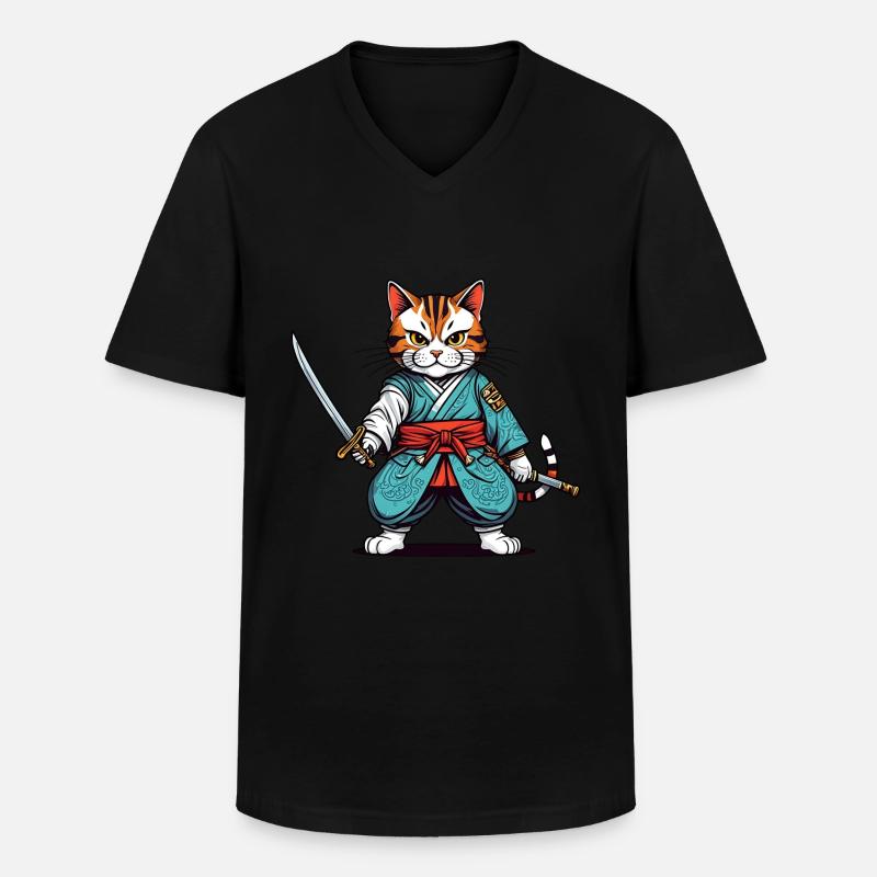 Samurai-Katze - Männer-T-Shirt mit V-Ausschnitt - Schwarz