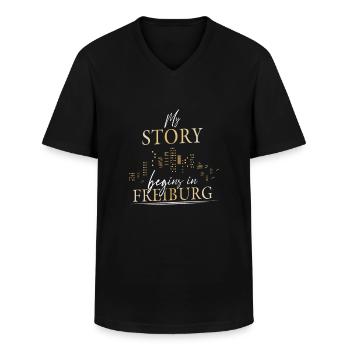 My story begins in Freiburg Schwarzwald - Männer-T-Shirt mit V-Ausschnitt - Schwarz - Vorne - AI Model Male 178 dark (178cm)