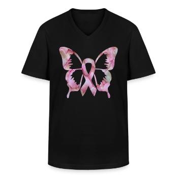 Ribbon Butterfly flower Breast Cancer Awareness - Men's V-Neck T-Shirt - black - Front - AI Model Male 178 dark (178cm)