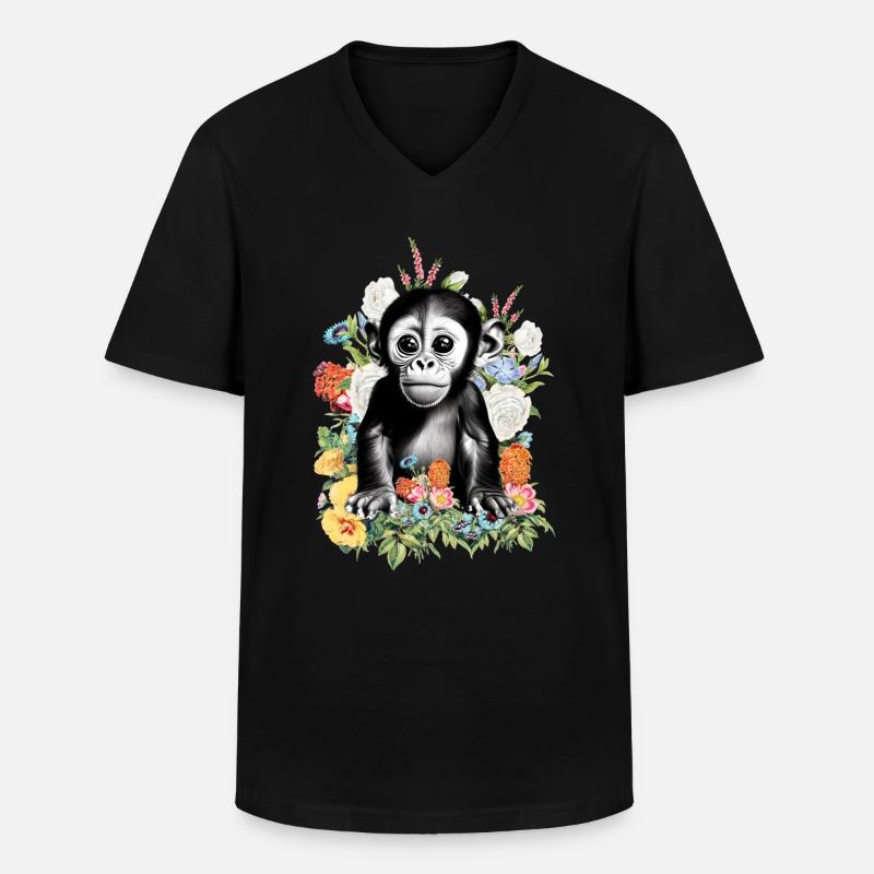 Affe Blumen - Männer-T-Shirt mit V-Ausschnitt - Schwarz