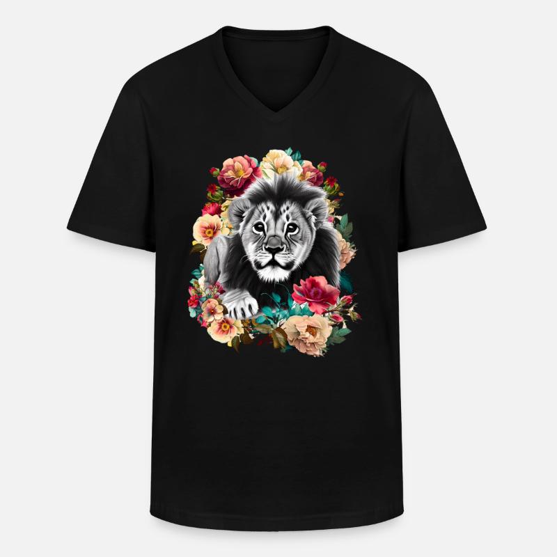 Löwe Blumen - Männer-T-Shirt mit V-Ausschnitt - Schwarz