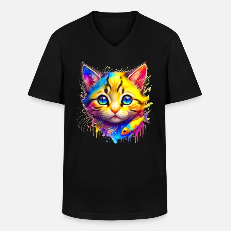 Rainbow Kitty with fish - Men's V-Neck T-Shirt - black