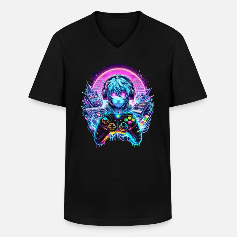 Gamer Headset Anime Synthwave Art - Männer-T-Shirt mit V-Ausschnitt - Schwarz