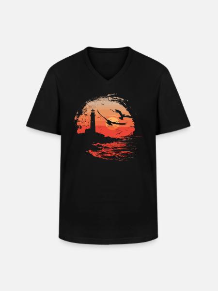 Seagull Seabird Lighthouse Sunset - Men's V-Neck T-Shirt - black