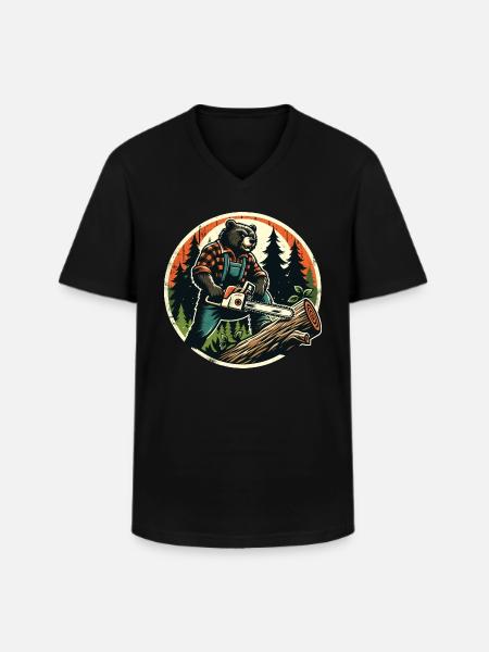 Lumberjack Bear Power en natuur in harmonie - Klassiek mannen T-shirt met V-hals - zwart
