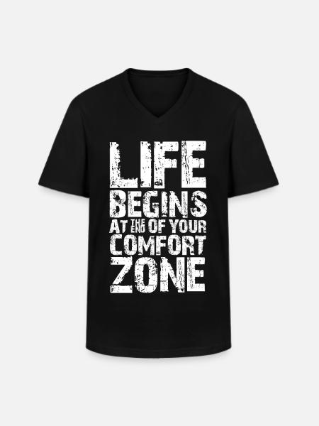 Livet begynder i slutningen af din komfortzone - Klassisk herre T-shirt med V-udskæring - sort