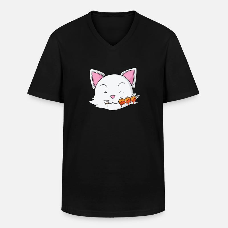 Cat eats dango rice dumplings - Men's V-Neck T-Shirt - black