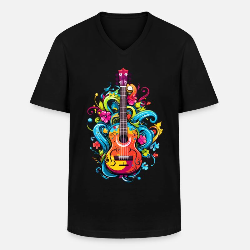 Bunte Ukulele mit Blumen - Männer-T-Shirt mit V-Ausschnitt - Schwarz