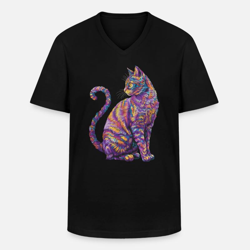 Lebendige psychedelische Katze - Bunte Katzenkunst - Männer-T-Shirt mit V-Ausschnitt - Schwarz