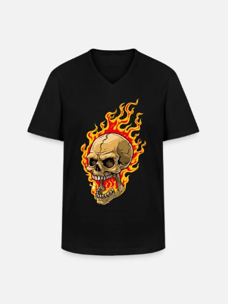 Human skull with flames - Men's V-Neck T-Shirt - black