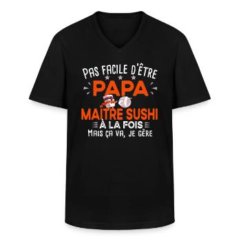 Papa maître sushi. Japon japonais. Cadeau humour - T-shirt col V Homme - noir - Devant - AI Model Male 178 dark (178cm)