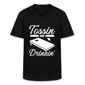 Cornhole Player Tosssing and Drinking Beer Tosser - Men's V-Neck T-Shirt - black - Front - AI Model Male 178 dark (178cm)