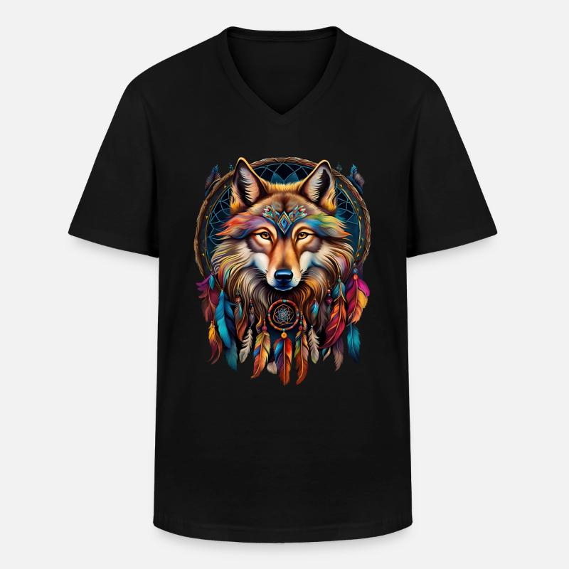 Wolf und Traumfänger - Männer-T-Shirt mit V-Ausschnitt - Schwarz