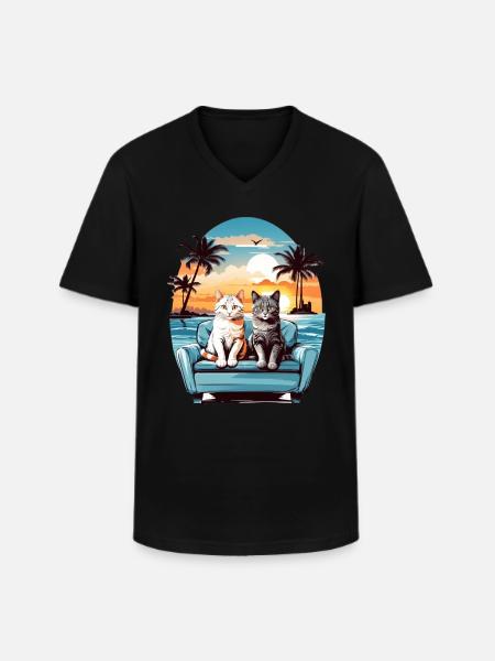 Katzen am Meer - Männer-T-Shirt mit V-Ausschnitt - Schwarz