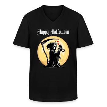 Happy Halloween Grim Reaper Cat Cute Full Moon - Men's V-Neck T-Shirt - black - Front - AI Model Male 178 dark (178cm)