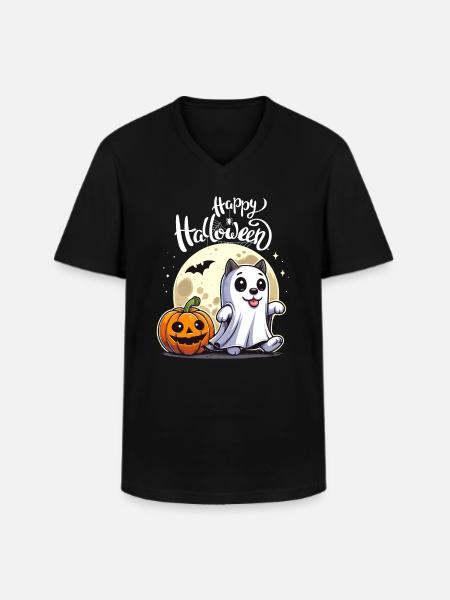 Halloween Cat Full Moon Pumpkin Ghost Kids - Men's V-Neck T-Shirt - black