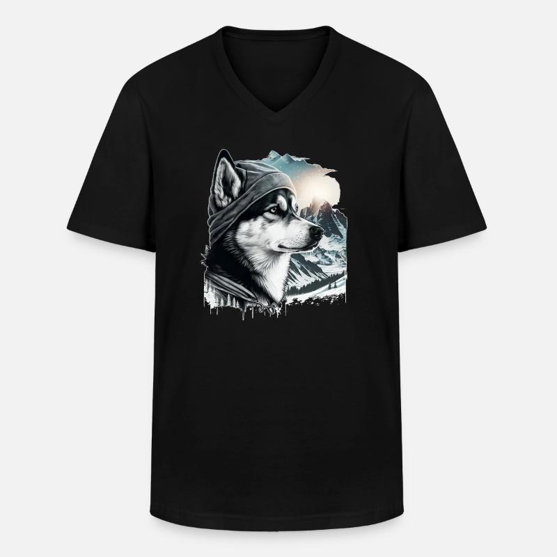 Husky mit Kappe im Schnee - Männer-T-Shirt mit V-Ausschnitt - Schwarz