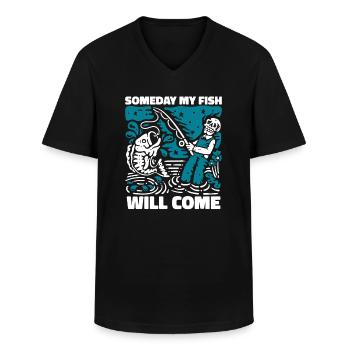 Un jour, mon poisson viendra pêcheur à la mouche - T-shirt col V Homme - noir - Devant - AI Model Male 178 dark (178cm)