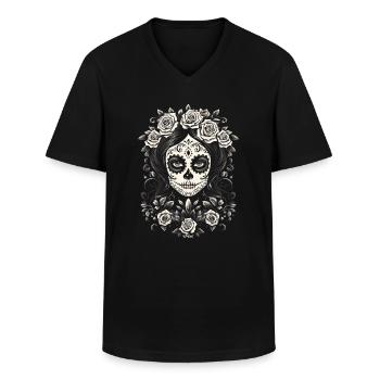 Beautiful Face of a Woman, Sugar Skull - Men's V-Neck T-Shirt - black - Front - AI Model Male 178 dark (178cm)
