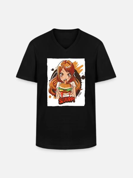 Anime-Mädchen liebt große Burger - Männer-T-Shirt mit V-Ausschnitt - Schwarz