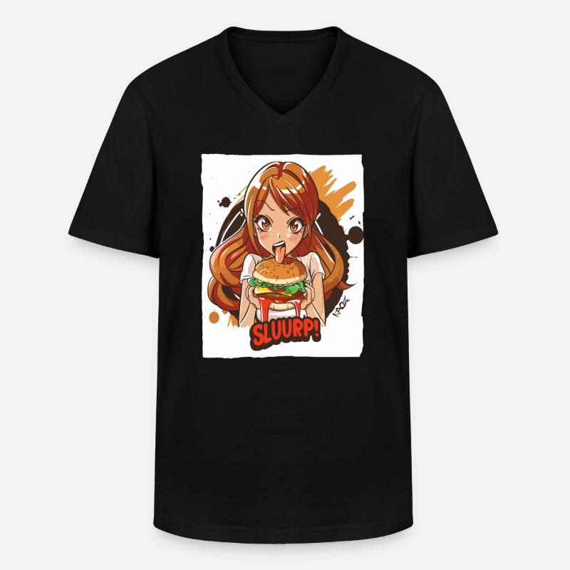 Anime-Mädchen liebt große Burger - Männer-T-Shirt mit V-Ausschnitt - Schwarz
