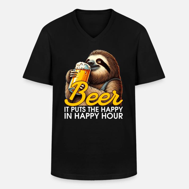 Happy Hour Bier Faultier Geschenk - Männer-T-Shirt mit V-Ausschnitt - Schwarz