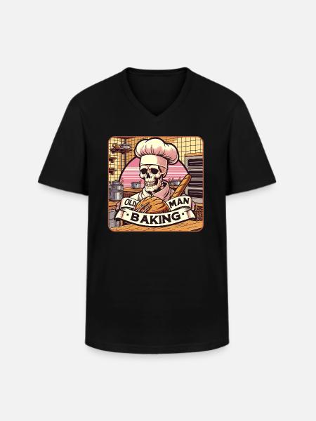 Gammel mand bagekranie med bagerhat med brød - Klassisk herre T-shirt med V-udskæring - sort