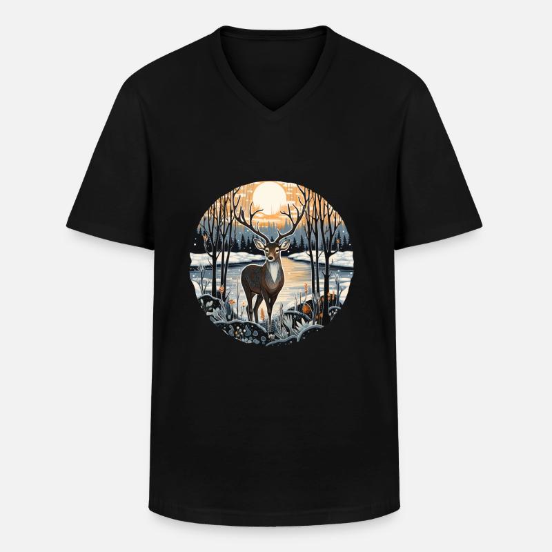 Winterlandschaft mit Hirsch - Männer-T-Shirt mit V-Ausschnitt - Schwarz